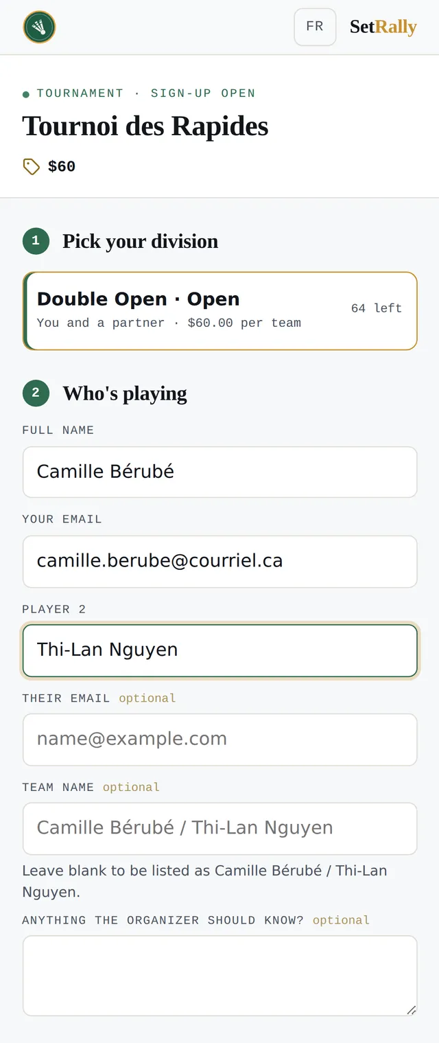 A SetRally event’s public sign-up form