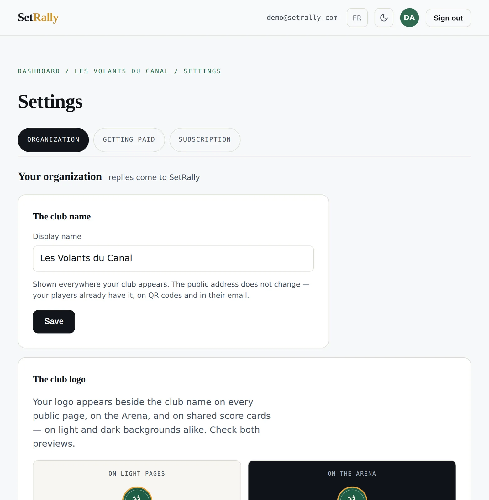 The organization settings page, Organization tab