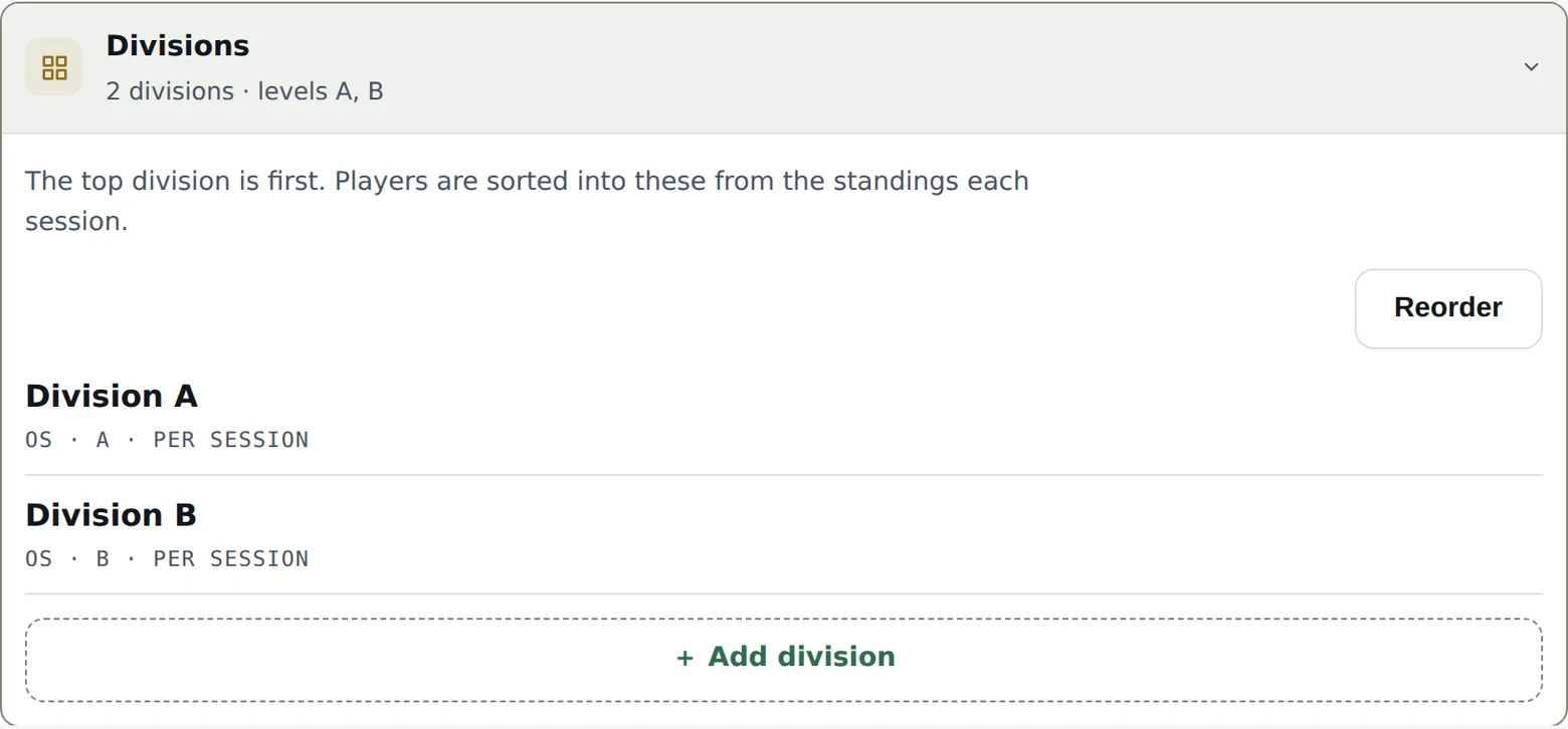 The Structure tab: division list and the add form