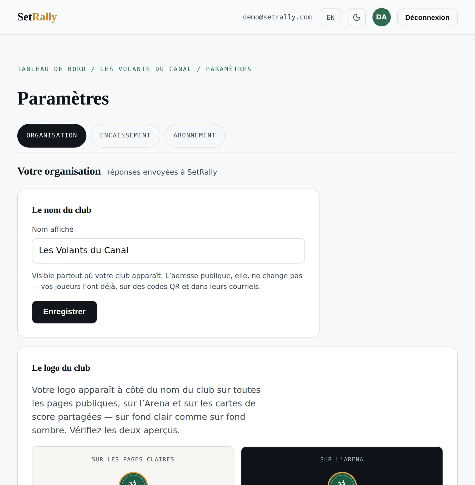 La page des paramètres de l’organisation, onglet Organisation